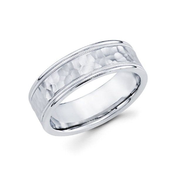 7mm 14k white gold hammer finished men's wedding band consists of high polished milgrain edges.