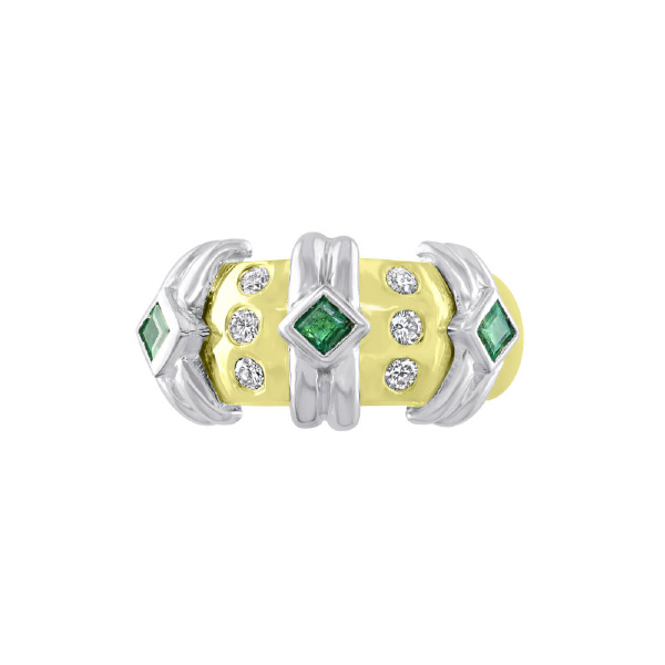 14k. 2 tone diamond ring w/emeralds