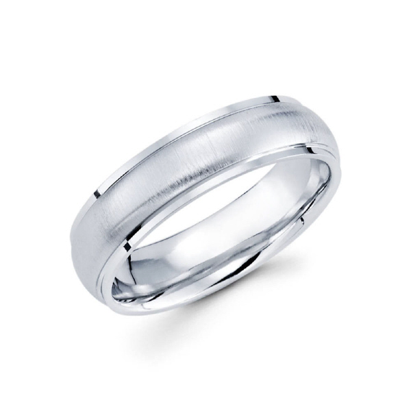 6mm 14k white gold brush finished men's wedding band contains high polished edges.