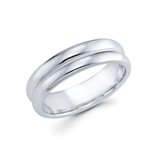 6mm 14k white gold high polish finished men's wedding band gives off the illusion of two rings in one.