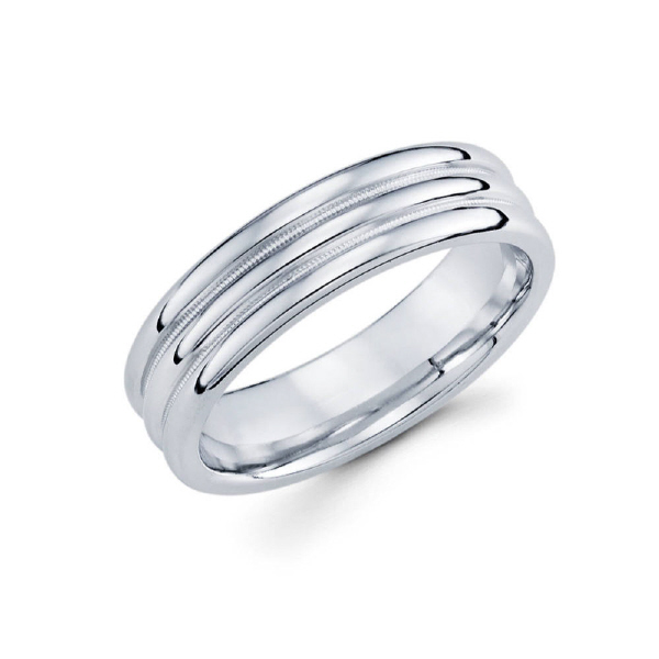 6mm 14k white gold high polish finished men's wedding band gives off the illusion of three rings in one.