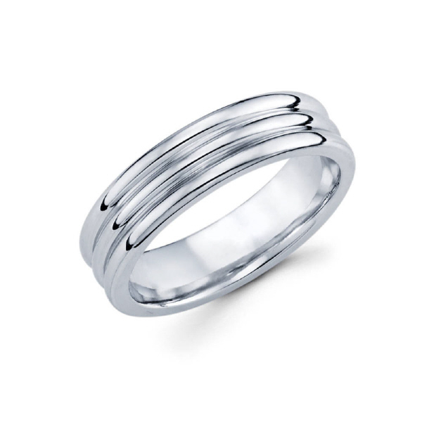 6mm 14k white gold high polish finished men's wedding band contains milgrain in between the parallel cut and gives off the illusion of three rings in one.