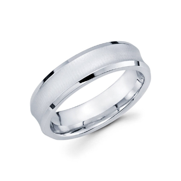 6mm 14k white gold brush finished carved design men's wedding band features a concave design along with high polished edges that exemplifies remarkable style.