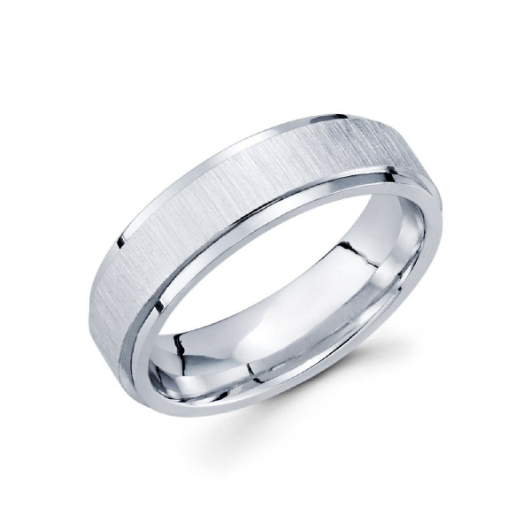 6mm 14k white gold brush finished men's wedd ing band gives off the illusion of a brush finished band overlapping a high polish finish band.