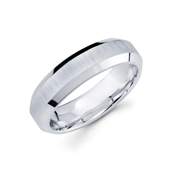 6mm 14k white gold brush finished men's wedding band gives off the illusion of a brush finished band overlapping a high polish finish band.