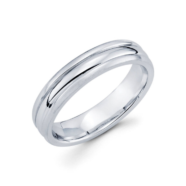 5mm 14k white gold high polished men's wedding band appears modern with the simplicity of a traditional band.