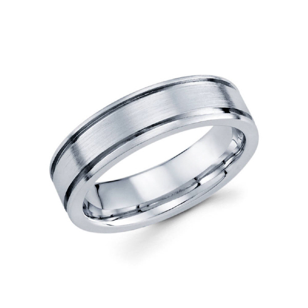 6mm 14k white gold satin finished men's wedding band contains two parallel diamond cut lines.