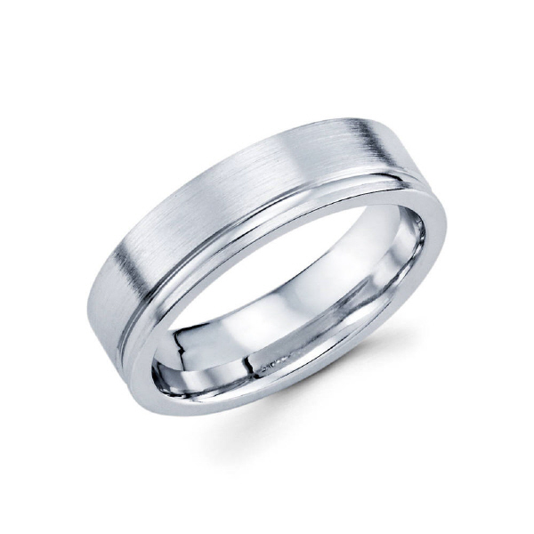 6mm 14k white gold satin finished men's wedding band consists of a diamond cut line dragged to one side.