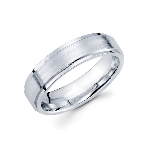 6mm 14k white gold satin finished men's wedding band consists of high polished edges.