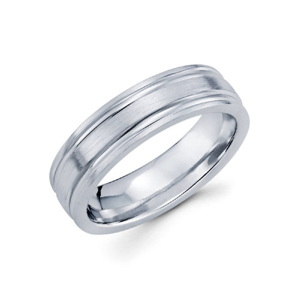 6mm 14k white gold satin finished men's wedding band consists of two parallel diamond cut lines on the outsides.