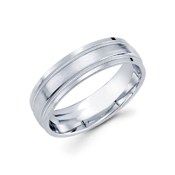 6mm 14k white gold satin finished men's wedding band consists of two parallel milgrain lines on the outsides.