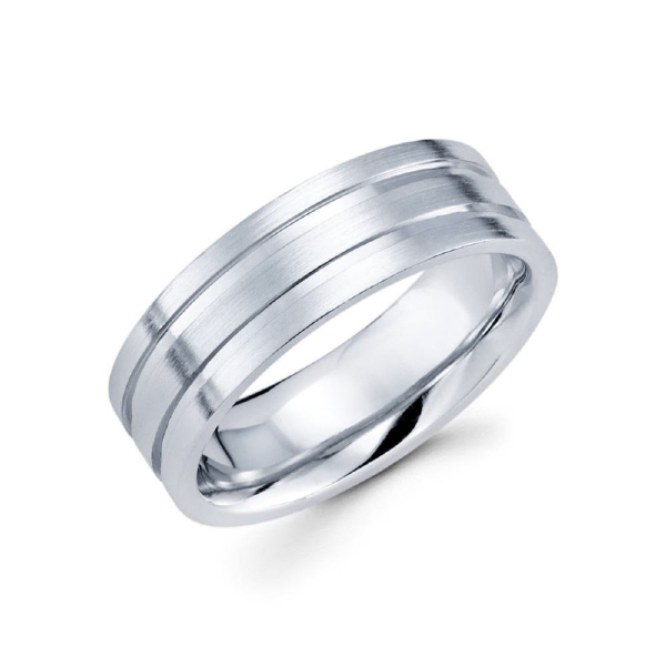 7mm 14k white gold satin finished men's wedding band consists of two parallel diamond cuts on the outter sides.