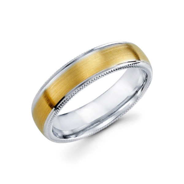 6mm 14k two tone men's wedding band features yellow gold on top of white gold with milgrain side edges.