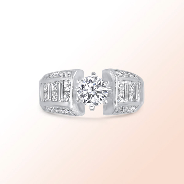 14k.w. Engagement Ring with Baguettes, Princess cut & Round Diamonds 2.33Ct.