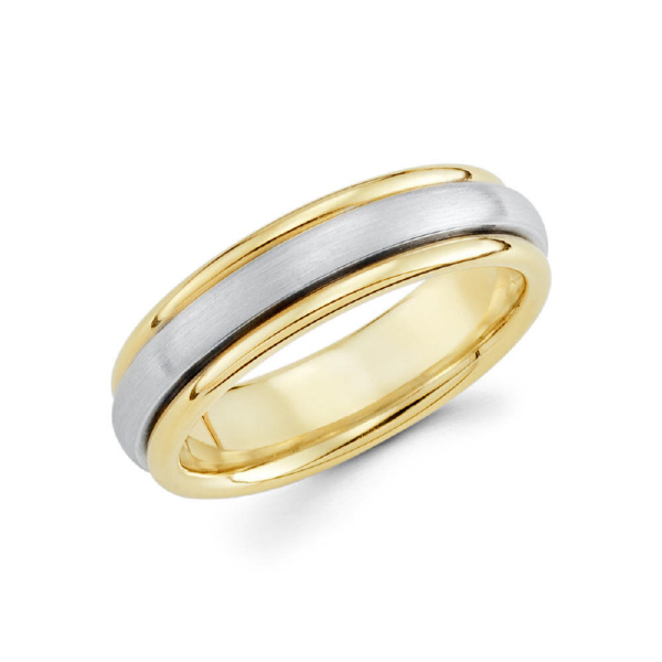 6mm 14k two tone men's wedding band consists of a high polished yellow gold base with a satin finished narrow white gold covering.