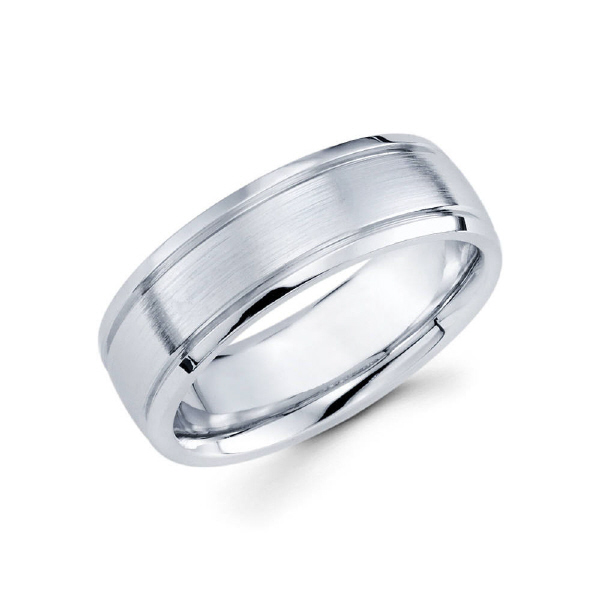 7mm 14k satin finished men's wedding band consists of two parallel diamond cut lines on the outter parts of the ring.