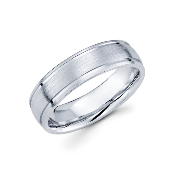 7mm 14k satin finished men's wedding band consists of two parallel diamond cut lines on the outter parts of the ring.