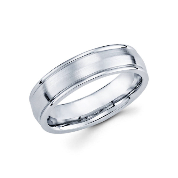 6mm 14k white gold satin finished men's wedding band features a serrated groove along the middle of the ring along with high polished edges.
