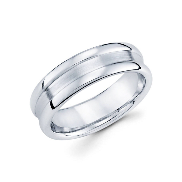 7mm 14k white gold brush finished men's wedding band contains two high polished grooves along the edges.