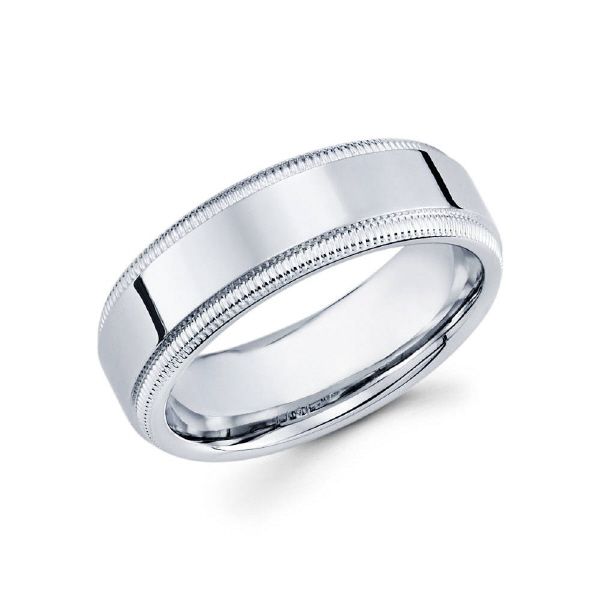 7mm 14k white gold high polished men's wedding band consists of milgrain edges.