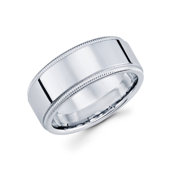 9mm 14k white gold high polished men's wedding band consists of milgrain edges.