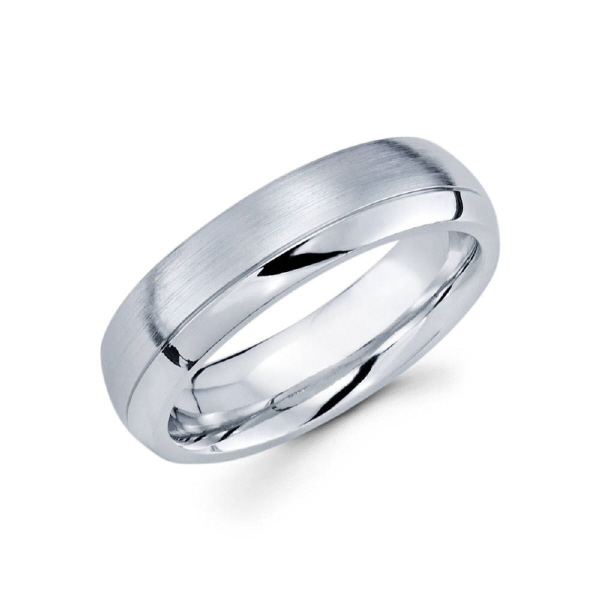 6mm 14k white gold satin finished men's wedding band contains a single sided high polish edge.