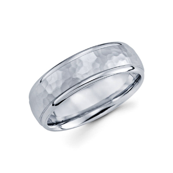 7mm 14k white gold hammer finished men's wedding band consists of high polished edges.