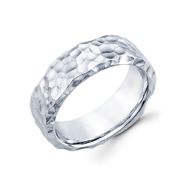 7mm 14k white gold men's wedding band features a hammer finish all throughout the entire ring that exemplifies remarkable style.