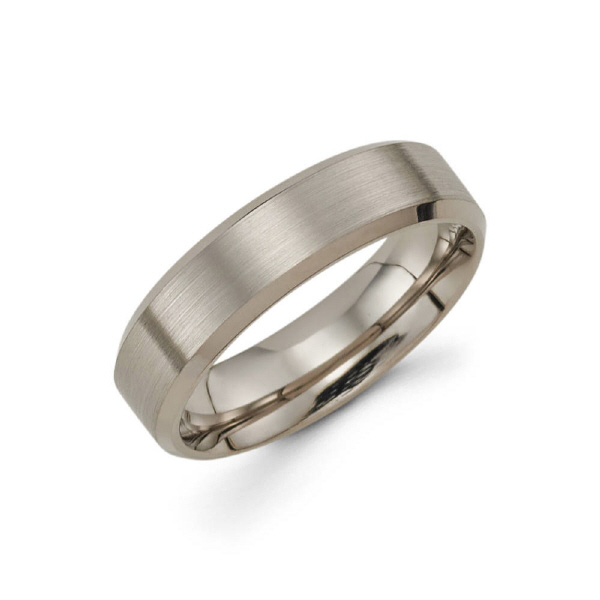 6mm 14k grey gold men's wedding band consists of high polished beveled edges.