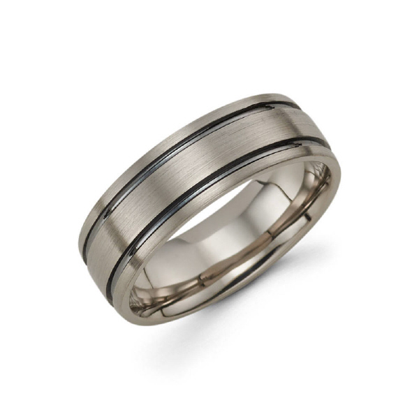 7mm 14k grey gold men's wedding band consists of 2 black rhodium cuts.