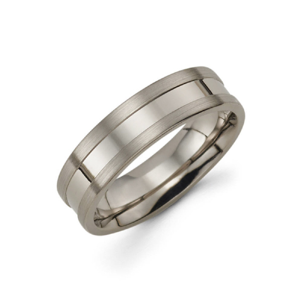 6mm 14k grey gold men's wedding band consists of a high polished center along with satin finished edges.