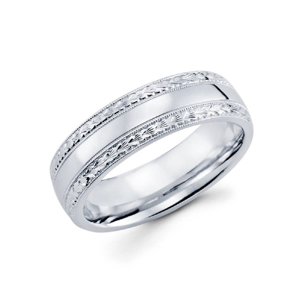 6.5m 14k white gold men's wedding band features a high polish center along with beautiful hand engraved sides.