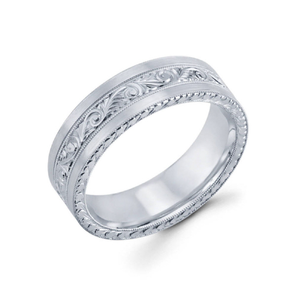 6.5mm 14k white gold men's wedding band features hand engraved accents all throughout the ring from the middle to the side edges there are no dull points.