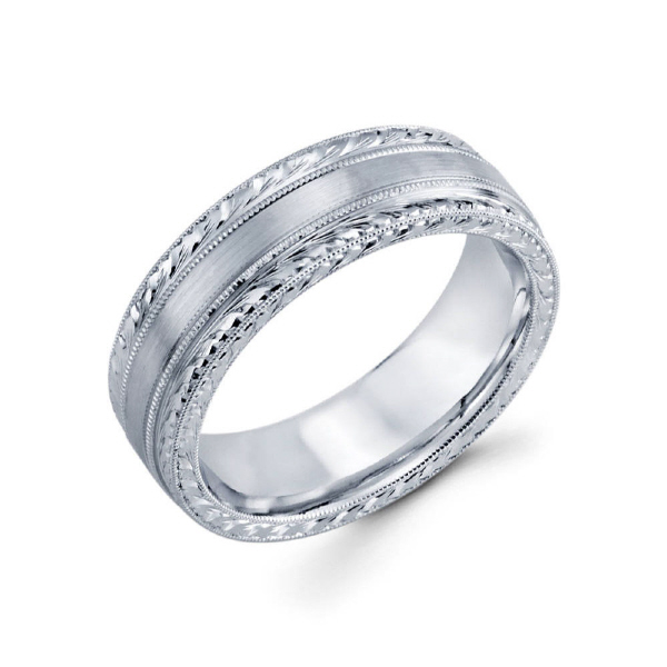 7mm 14k white gold men's wedding band features truly delicate hand engraved edges along with milgrain on the inside edges.