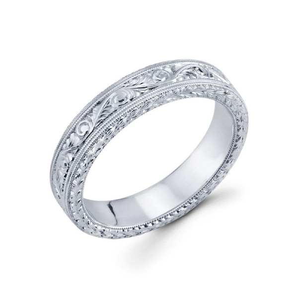 5mm 14k white gold men's wedding band has flower patterned hand engraving all around the ring accented by milgrain on the inner parts of the edges.