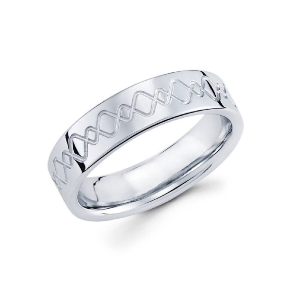 6mm 14k white gold men's wedding band features a simple yet powerful cut throughout the center portion of the ring with high polished outsides.