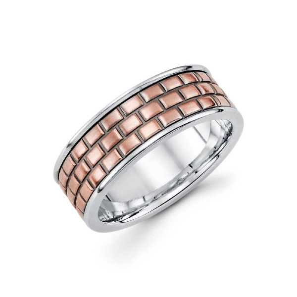 8mm two tone 14k and rose gold combination men's wedding band features a uniquely cut center that creates an illusion of multiple pieces.