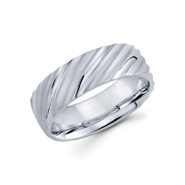 7mm 14k white gold men's wedding band features a cnc engraved design through the ring giving a bold and powerful look to it.