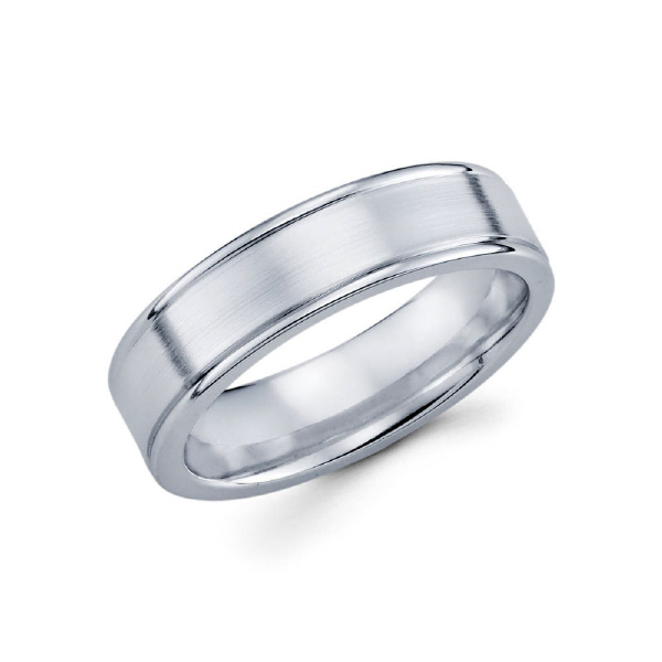 6mm 14k white gold satin finished men's wedding band maintains a traditional profile.