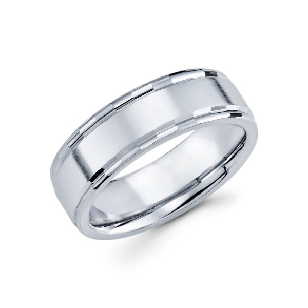 7mm 14k white gold satin finished men's wedding band consists of high polished edges.