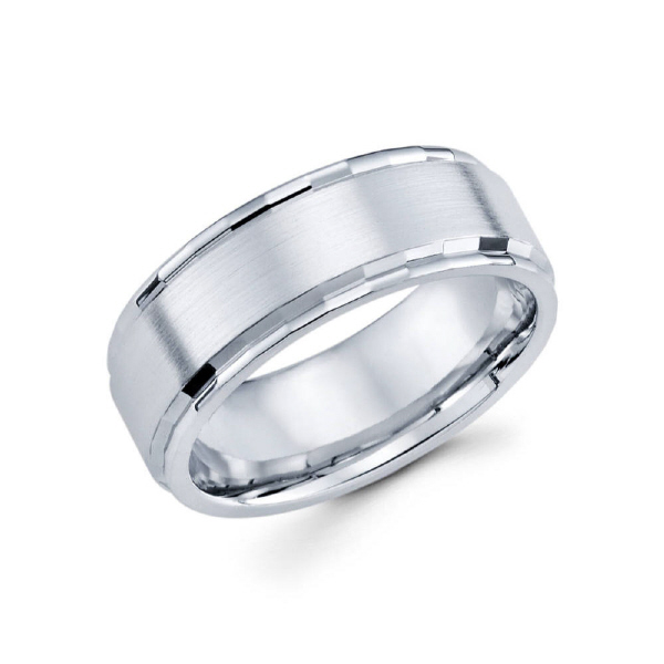 8mm 14k white gold satin finished men's wedding band consists of high polished edges.