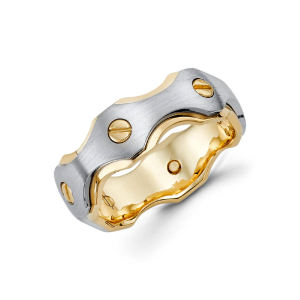 8mm 14k two tone yellow gold and white gold men's wedding band gives the illusion of a white gold band wrapped around a yellow gold band with screws holding it together.