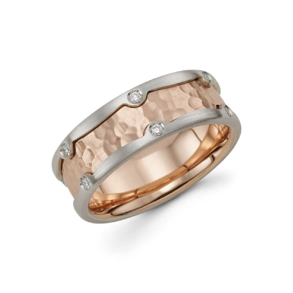 This unique two tone 8mm 14k men's wedding band which contains a rose gold hammer finish in the middle and a white gold satin finish throughout the edges. The white gold holds 12 beautiful round ideal-cut diamonds in a burnished setting. Total diamond ca