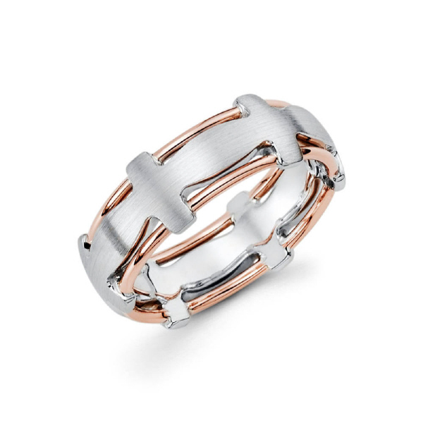 8mm 14k two tone white gold men's wedding band features rose gold wire on the inside.