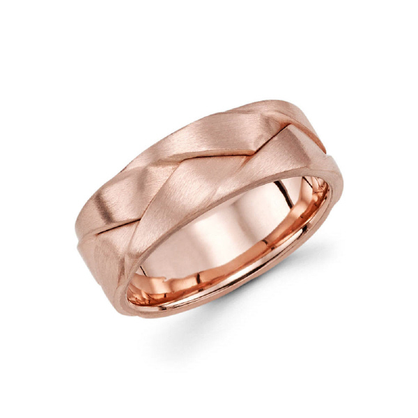 8mm 14k rose gold wedding band gives the illusion of multiple rings molded together.