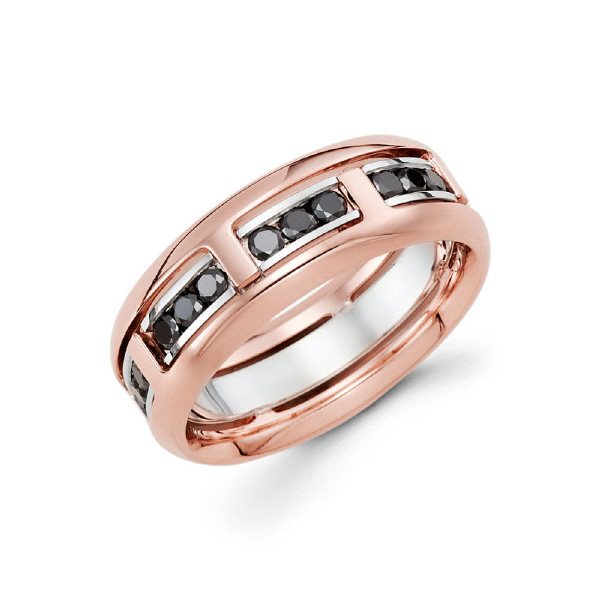 Band contains 14k rose gold on the outside along with white gold channels holding 24 black diamonds in sets of 3 spaced precisely with rose gold squares. Total diamond carat weight is approximately 0.80ct.