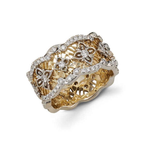 11m 18k two tone ladie's wedding band features a yellow gold center resembling a honeycomb along with white gold patterns rested on top as well as the sides which contain diamonds in a pave setting. The ring consists of 90 ideal diamonds accumulating to
