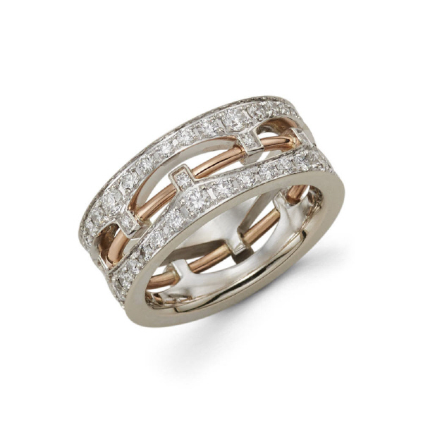 This unique 8mm two tone 14k white and pink gold ladie's wedding band features a truly different style that stands out. It contains a white gold outside with a pink gold wire in between. The white gold holds 70 round ideal-cut diamonds in a pave setting.