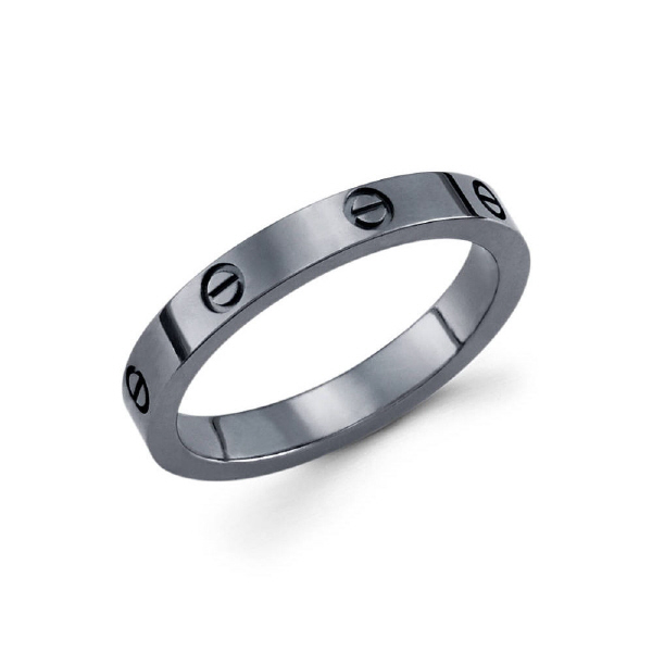 3mm 14k black rhodium finish ladie's wedding band features screw patterns throughout the entire ring.
