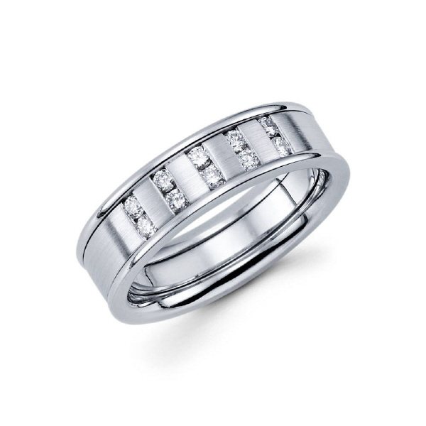 7mm 14k comfort-fit channel set men's diamond band features a  satin finish middle with a strong high polished round edge that surrounds 10 beautiful round ideal-cut diamonds. Total diamond carat weight is approximately 0.32ct.